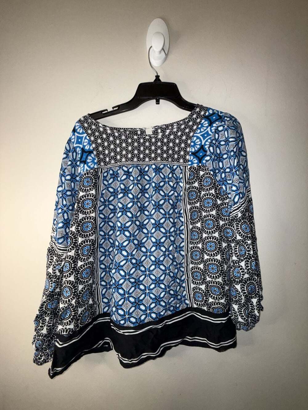 LOFT Blue and Black Geometric Floral Print Long Sleeve Blouse